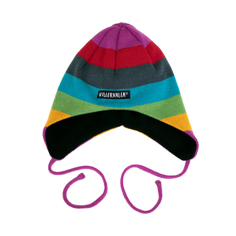 Knitted Multicolored Hat with Strings